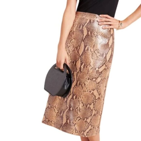 Anthropologie Pencil Skirt Brown Faux Leather Snake Print Knee Length Vegan - Picture 6 of 8